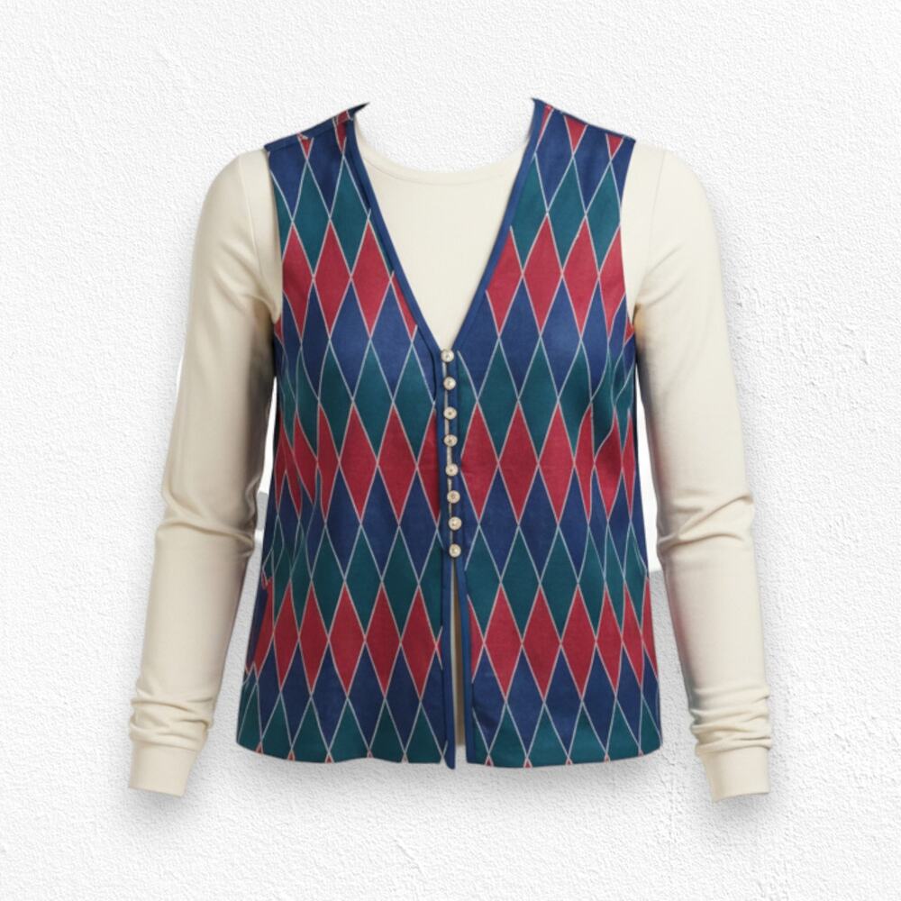 Vintage 80s Argyle Front Button Faux Sweater Vest Grandpacore Top Size Medium